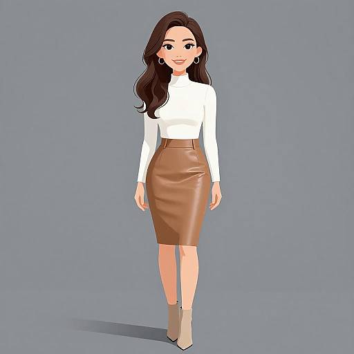 Digital illustration of a smiling woman with long dark hair, wearing a white long-sleeve top, brown leather skirt, and beige ankle boots, against
