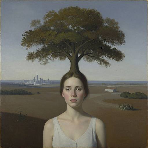 Photorealistic painting of a pale, serious young woman with dark hair, wearing a white tank top, centered in front of a giant tree with a