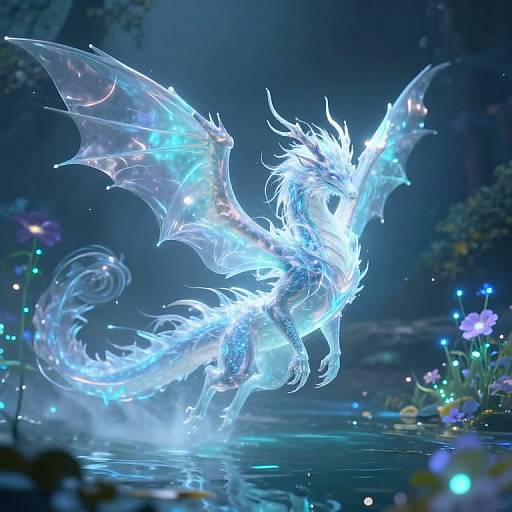 Digital artwork of a glowing, ethereal blue dragon with translucent wings, standing in a luminous, enchanted forest pond surrounded by sparkling flowers.