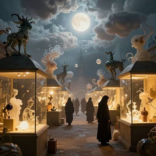 Photograph of a moonlit, mystical market with glowing statues, silhouetted figures, and dramatic, cloudy sky illuminated by a bright full moon