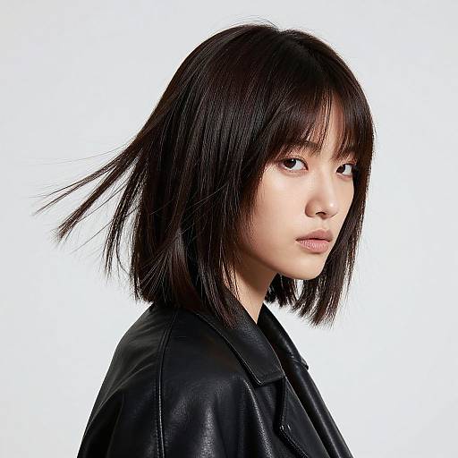 Photograph of an Asian woman with straight black shoulder-length hair, wearing a black leather jacket, looking over her shoulder against a white background.