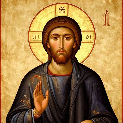 Digital painting of Jesus Christ with a brown headscarf, dark blue robe, and gold halo, raising his right hand against a golden background. Symbols