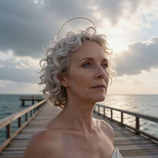 Photograph of a white-haired woman with a gold halo, standing on a wooden pier at sunset, ocean in background.