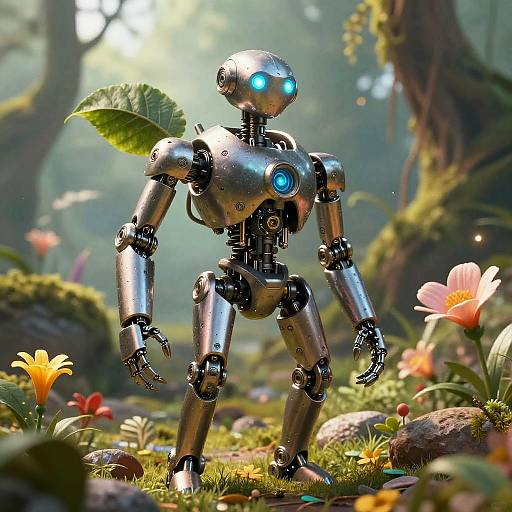 Photorealistic CGI of a silver, glowing-eyed robot with a leaf on its shoulder standing in a sunlit, vibrant forest meadow.