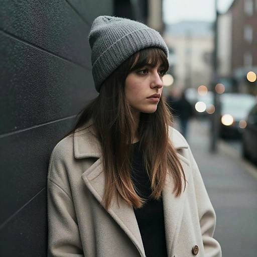 Photograph of a young woman with pale skin, brown eyes, and straight brown hair, wearing a gray beanie and beige coat, leaning against a
