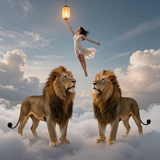 Dreamy photograph: A woman in a white dress, with flowing hair, floats above two majestic lions, holding a glowing lantern, amidst fluffy clouds and
