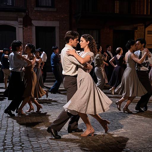 Photograph of a romantic ballroom dance in a cobblestone courtyard, with a couple in white and gray attire at the center, surrounded by other