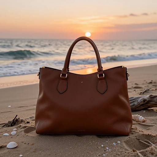 Photograph of a brown leather handbag with gold hardware, placed on a sandy beach at sunset, with waves and shells in the background.