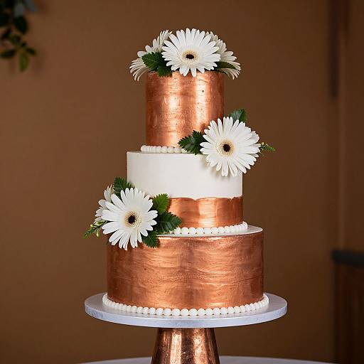 Photograph of a three-tiered wedding cake with white fondant, copper metallic ribbons, and white daisies, set on a copper stand