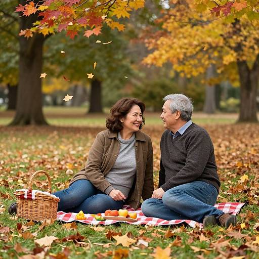 Photograph of a smiling middle-aged couple, sitting on a red-and-white checkered picnic blanket, with a wicker basket, in an autumn park