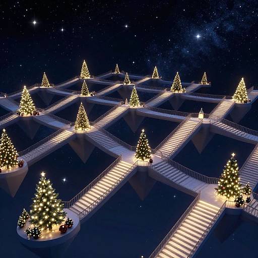 Nighttime photograph of a starry sky, displaying a grid of illuminated Christmas trees on elevated walkways, creating a festive, celestial pattern.
