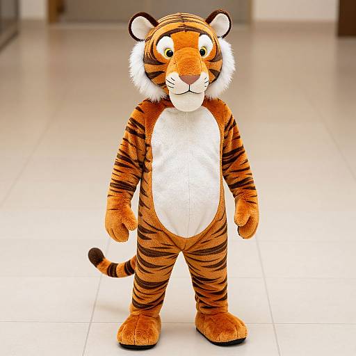 Photograph of a cartoon-style, full-body tiger costume with orange and black stripes, white chest and facial fur, standing on a glossy, white-t
