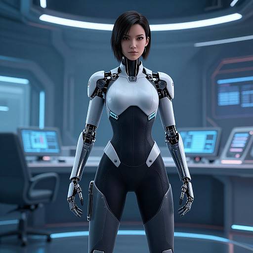 CGI image of a sleek, futuristic female android with short black hair, white and black cybernetic bodysuit, standing in a high-tech