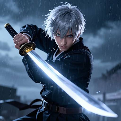 Digital anime-style drawing of a silver-haired, blue-eyed warrior with a glowing sword, dressed in a dark coat, in a rainy night scene. Int