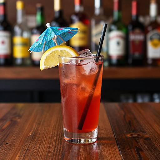 Photograph of a red cocktail with ice, lemon slice, blue paper umbrella, and black straw on a wooden bar counter. Background features blurred liquor bottles