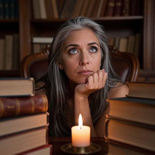 Photograph of a gray-haired woman with blue eyes, resting her chin on her hand, surrounded by books, and a lit candle.