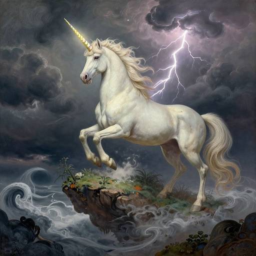Fantastical digital painting: majestic white unicorn with glowing horn, rearing on rocky island amid turbulent waters, dark stormy sky, and striking lightning