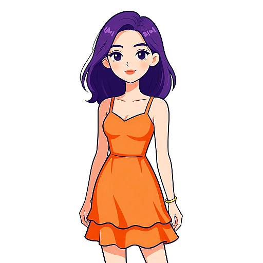 Digital anime-style drawing of a smiling woman with purple hair, wearing an orange, sleeveless, layered dress, against a white background.