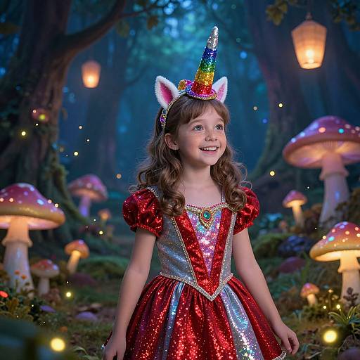 Photograph of a smiling young girl with brown hair, wearing a sparkly red dress, multicolored unicorn horn, and white cat ears, standing
