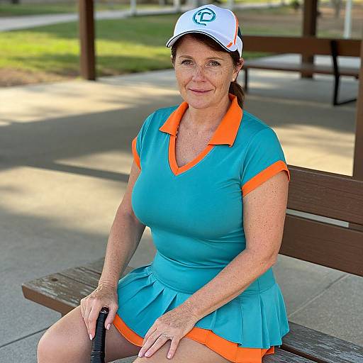 Photograph of a middle-aged woman with freckles, wearing a blue tennis dress with orange trim, white visor, sitting on a bench in