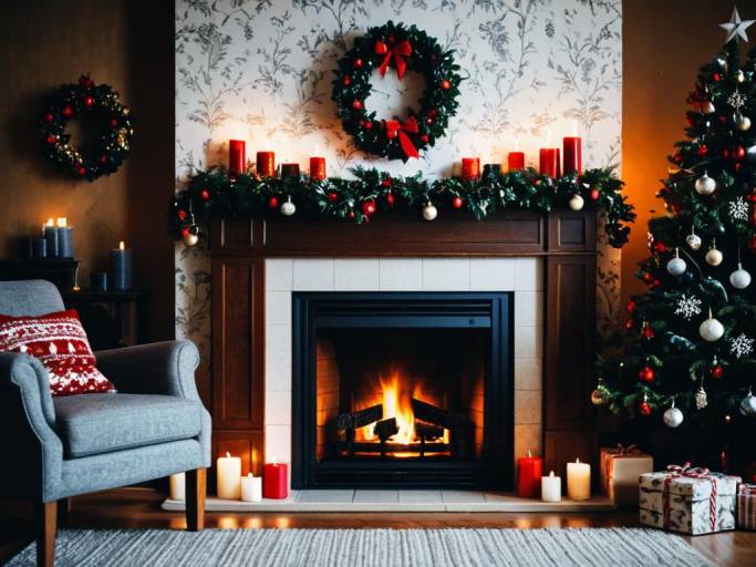 Cozy Christmas Fireplace Wallpaper Design