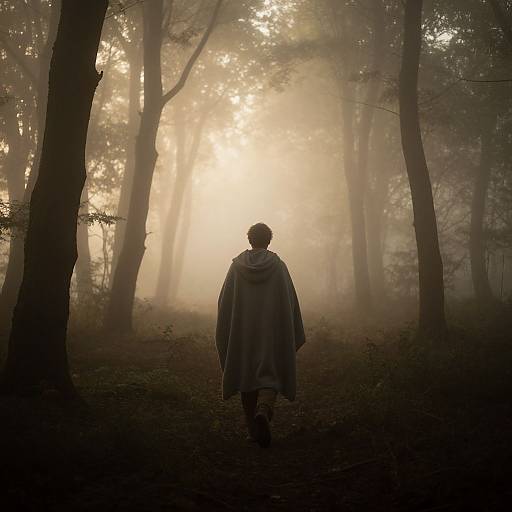 Silhouetted figure in a long cloak walks through a misty, sunlit forest, surrounded by tall trees. Ethereal, mysterious atmosphere.