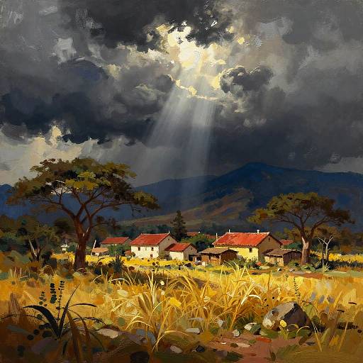 Stormy Sky Over Sunlit Village