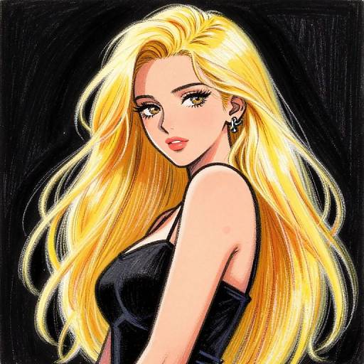 Digital anime-style drawing of a blonde woman with long, flowing hair, wearing a black top, star earring, and looking over her shoulder against a