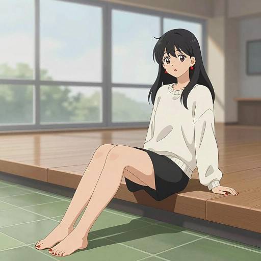 Anime Girl Sitting Indoors by Large Windows