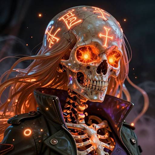 Digital artwork of a glowing, crackled skull with orange eyes, long red hair, and skeletal structure visible through a black leather jacket.