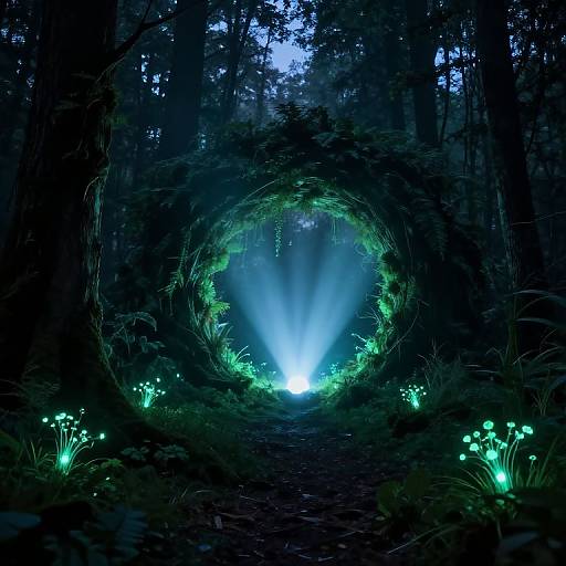 Mysterious glowing forest tunnel with bioluminescent mushrooms and plants, illuminated by a bright blue light at the center. Digital art.