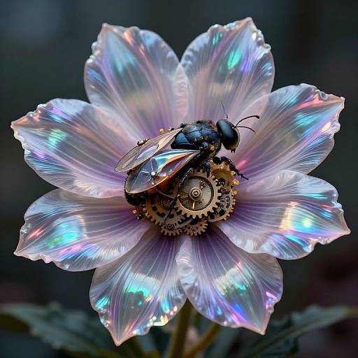 Photograph of a shiny black beetle and iridescent butterfly on a glowing, multi-colored flower with intricate gears in its center.