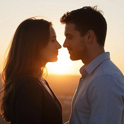 Photograph of a silhouetted couple facing each other against a vibrant sunset, with the woman on the left and the man on the right,