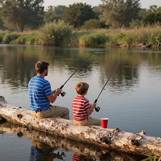 Father and Son Fishing on River Log