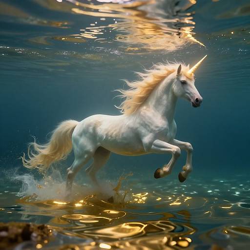 Photograph of a white unicorn with a golden mane and horn, galloping underwater, splashing water, illuminated by sunlight reflections.
