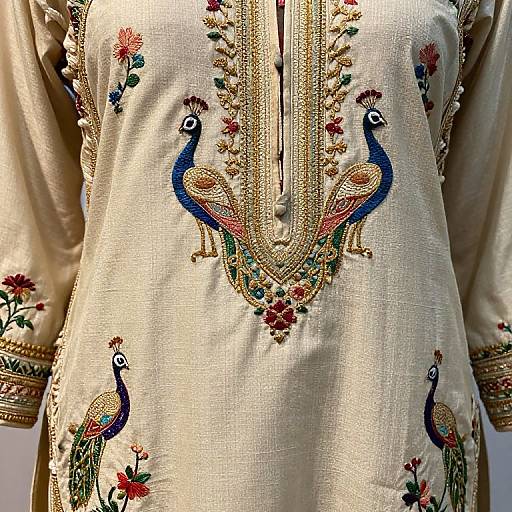 Close-up photograph of an ornate cream-colored traditional Indian kurti, featuring detailed embroidery with blue peacocks, gold trim, and colorful floral