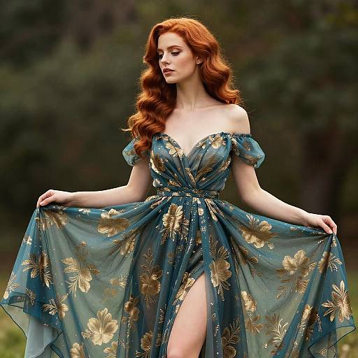 Photograph of a red-haired woman with fair skin wearing an off-shoulder, teal floral dress with gold patterns, holding the skirt, standing outdoors