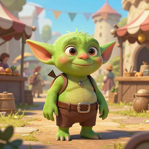 CGI image of a cute, green, goblin-like child with large ears, wearing brown pants and a backpack, standing in a sunny, medieval