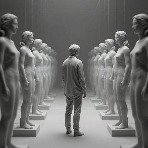 Photograph of a man in gray clothes standing between two mirrored rows of nude, classical-style statues in a grayscale, illuminated gallery.