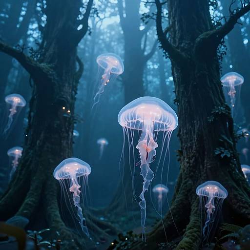Bioluminescent Jellyfish in Surreal Forest