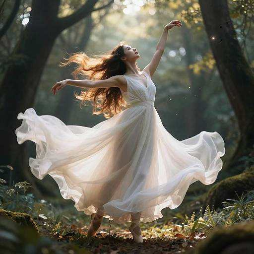Photograph of a slender woman with flowing brown hair in a white, billowing dress, dancing in a sunlit forest, sunlight filtering through trees,