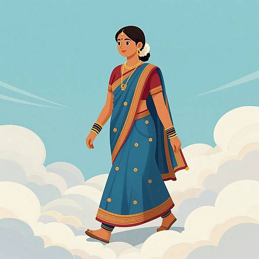 Digital illustration of a South Asian woman in a blue sari with gold trim, red blouse, black bangles, and gold jewelry, walking on clouds