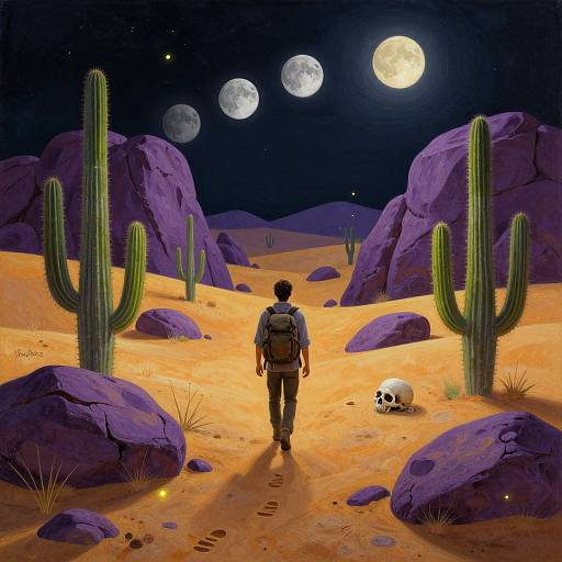 Digital artwork of a lone figure in desert, moonlit night, cactus, purple rocks, skull on ground, full moons in sky, backpack,