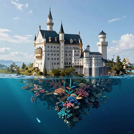 Photograph of a majestic, white castle with multiple spires and towers, partially submerged in a vibrant underwater scene with colorful coral and fish.