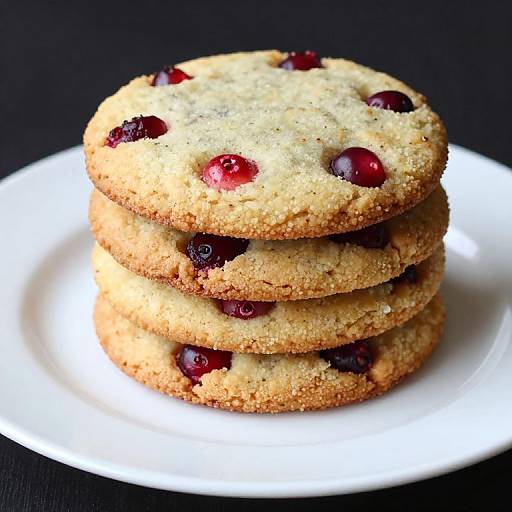 Stack of three golden-brown cookies with red and dark cherry chunks, on a white plate, against a black background.