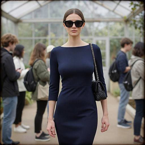Chic Woman in Navy Sheath Dress