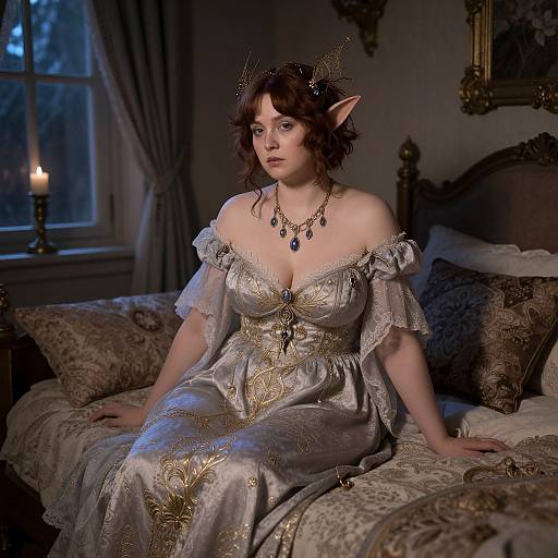 Photograph of a fair-skinned, brown-haired woman with pointed elf ears, wearing an off-shoulder, ornate silver gown, seated on