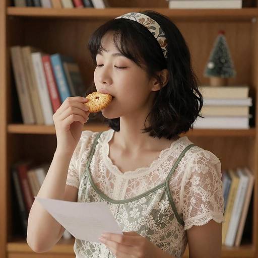 Asian Woman Eating Cookie in Front of Bookshelf