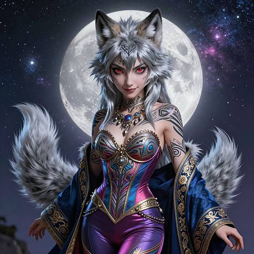Digital art of a silver-haired, red-eyed, anthropomorphic fox woman with large tails, wearing an ornate, purple and gold armored dress, standing