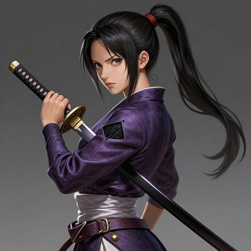 Digital anime-style artwork of a serious, dark-haired woman with long ponytail, holding a sheathed katana, wearing a purple kimono and white